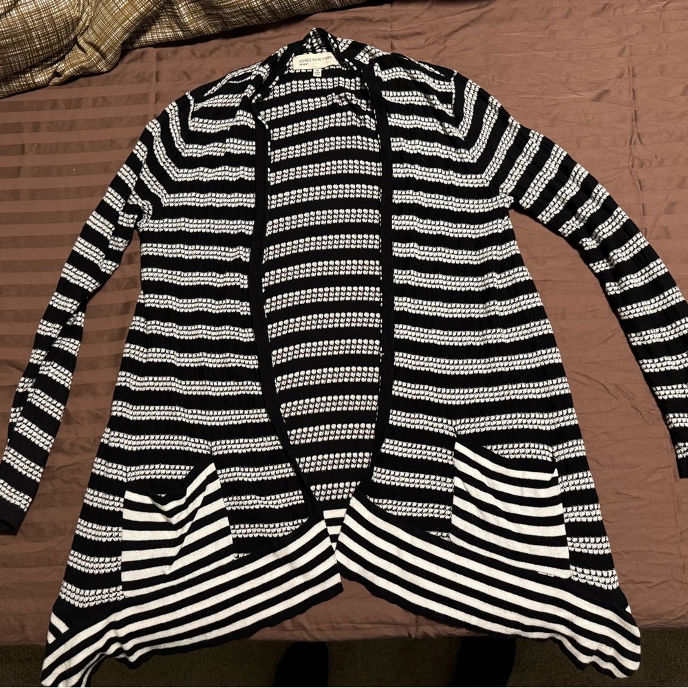 Jones New York Black and White Striped Cardigan
